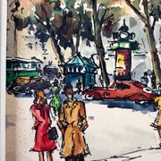 André Duculty (1912-1990) Watercolor on paper "The flower market of the Madeleine in Paris" Signed
