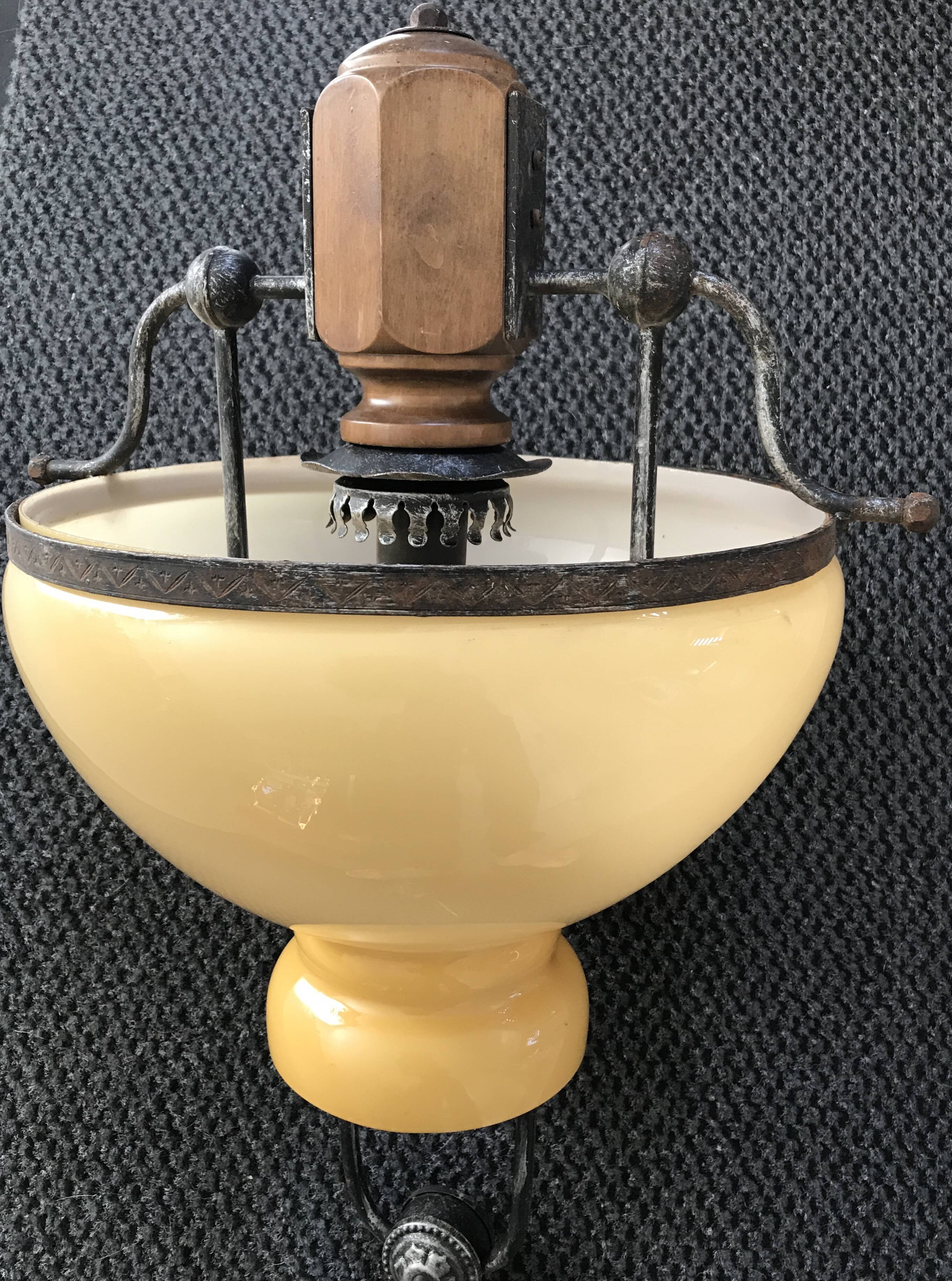 Suspension vintage wood and iron chandelier with yellow opaline lampshade