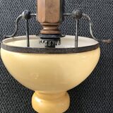 Suspension vintage wood and iron chandelier with yellow opaline lampshade