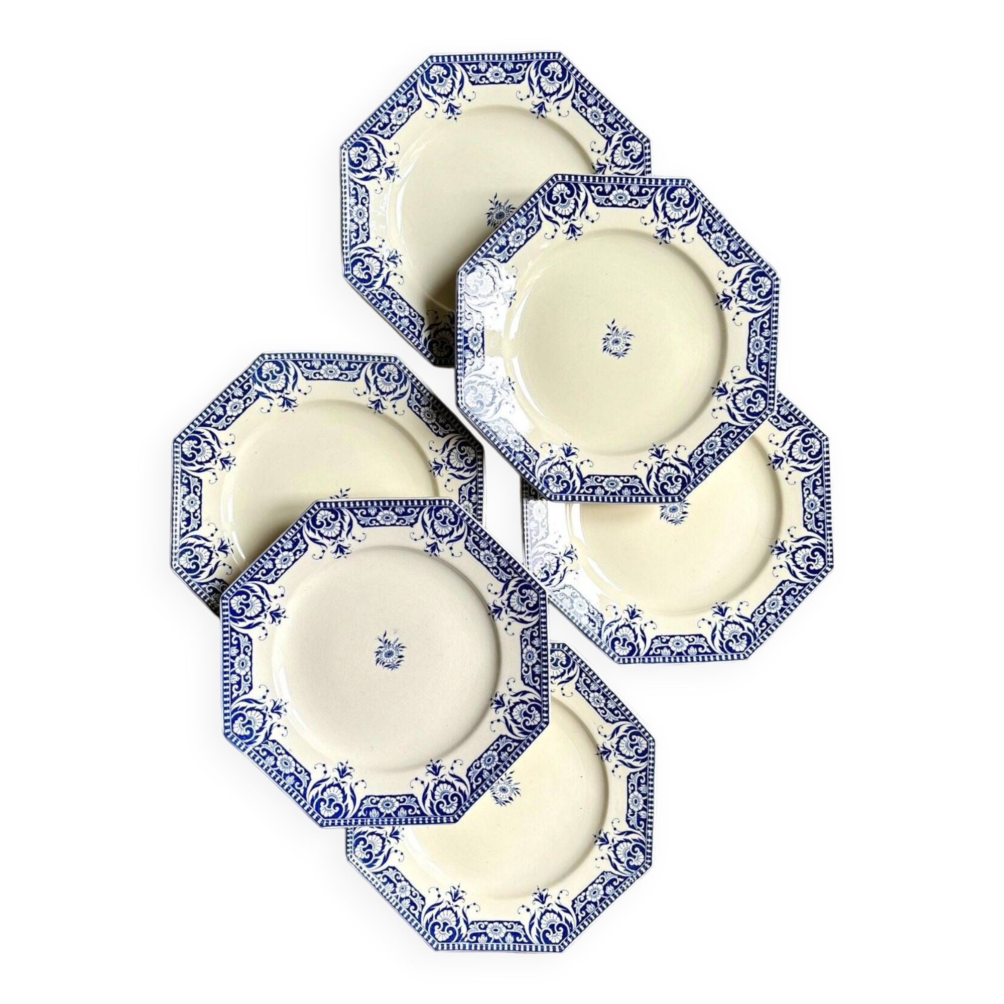 6 Sarreguemines earthenware dessert plates, “Sinceny” service circa 1900