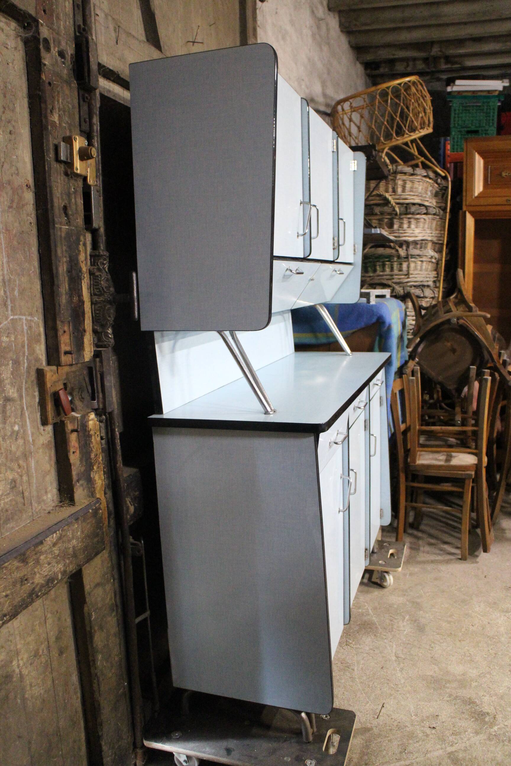 complete kitchen in blue formica buffet table and chairs
