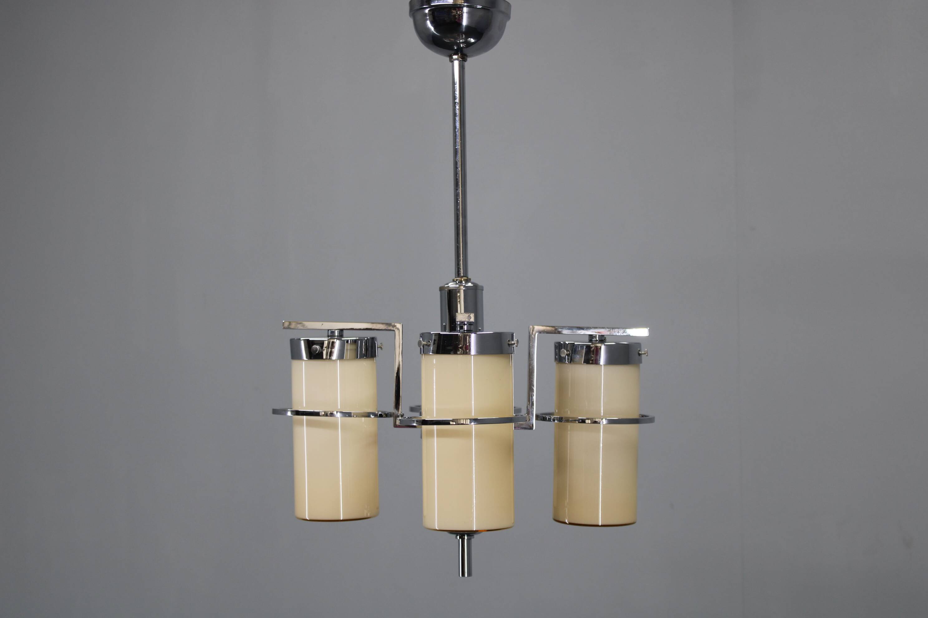 Restored Bauhaus/Art Deco chrome & glass chandelier, Czechoslovakia, 1930s