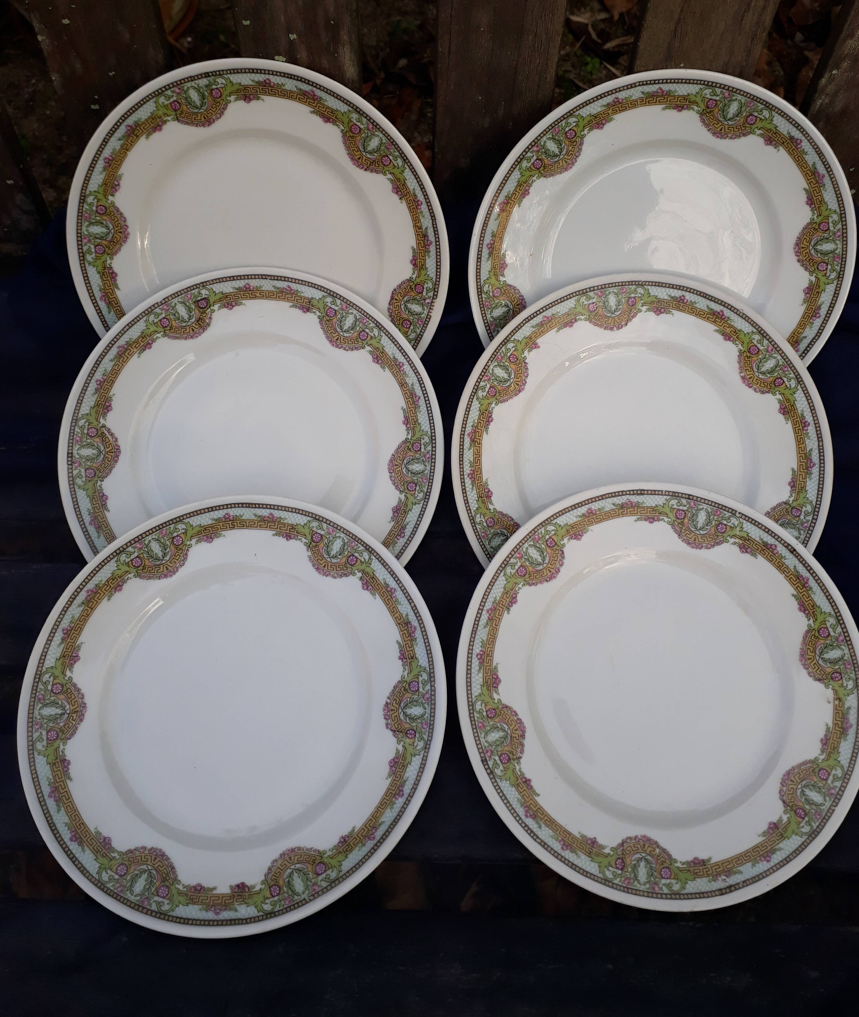 Set of 6 plates dessert flowers art deco style, Limoges porcelain
