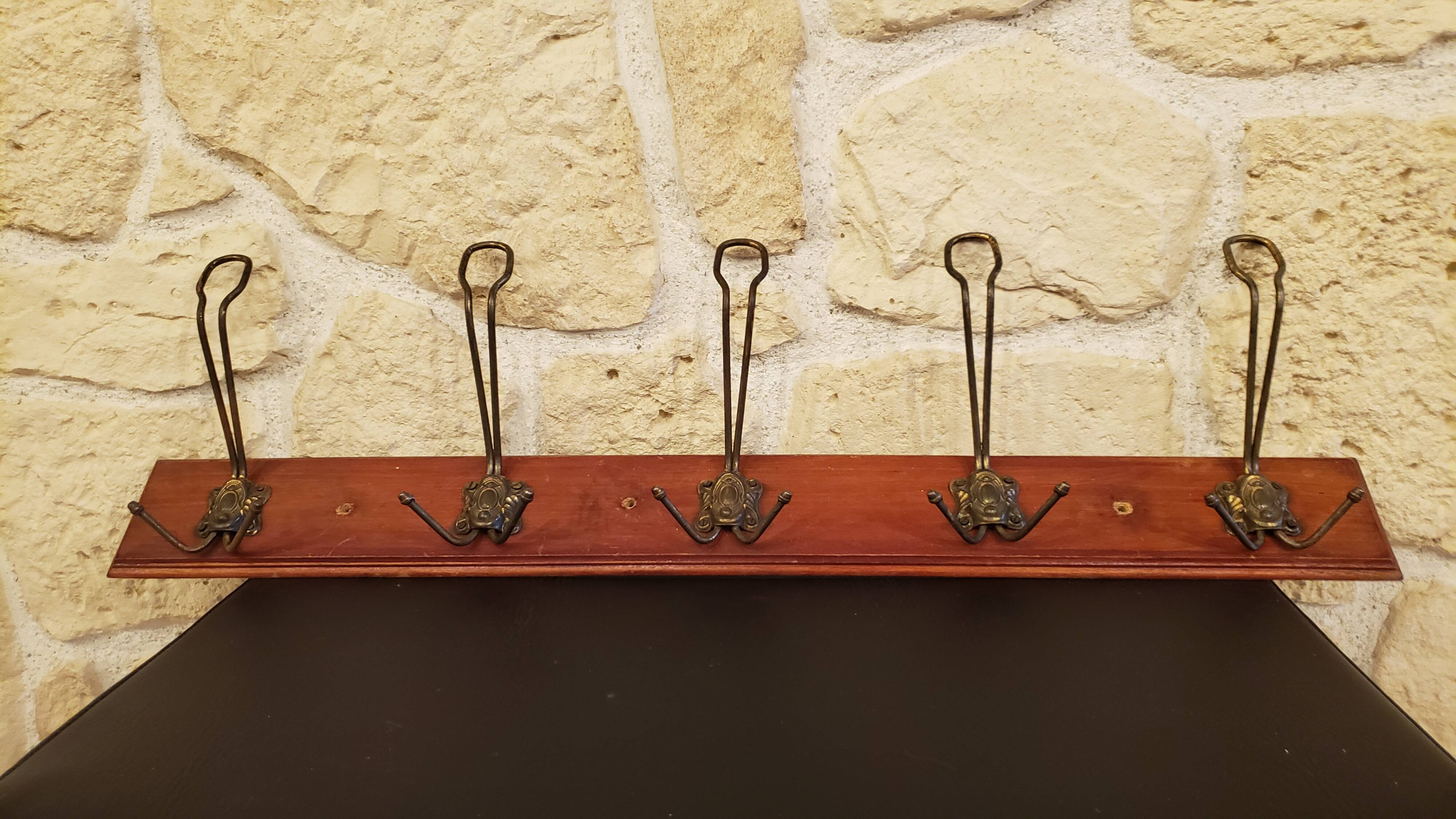 Old wood metal wall coat rack with 5 hooks