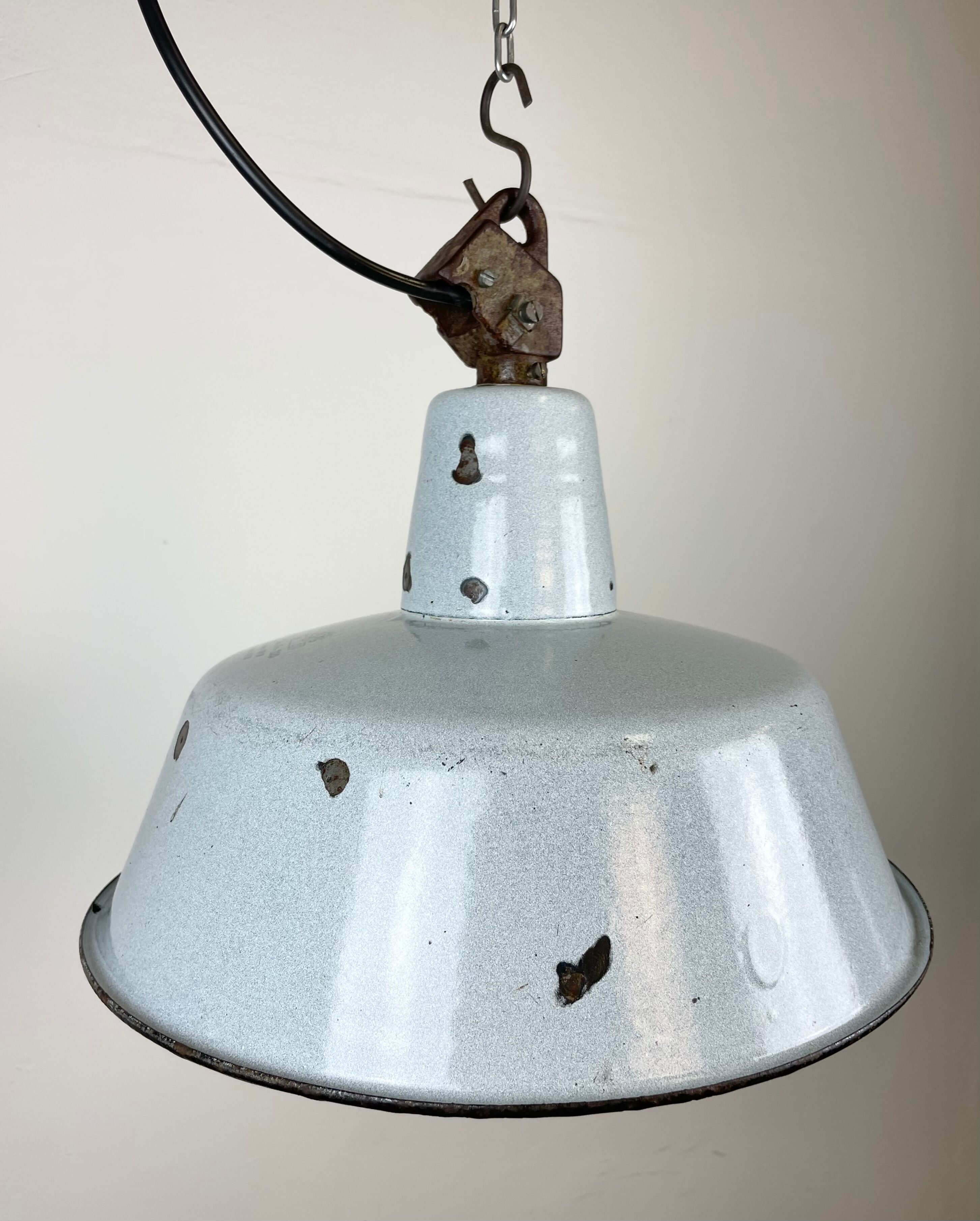 Industrial Grey Enamel Factory Lamp with Cast Iron Top, 1960s