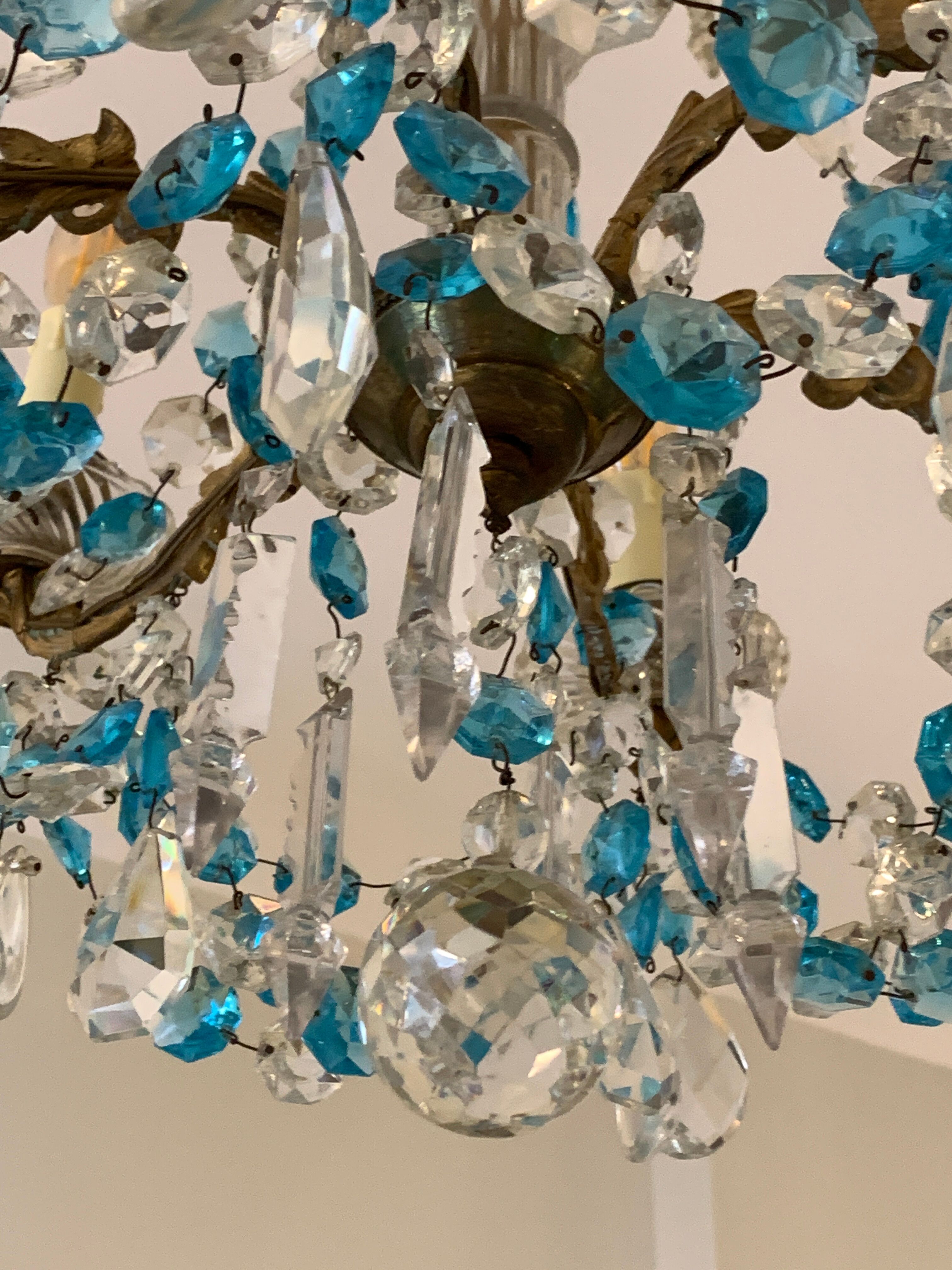 Chandelier with blue crystal pimples, 6 lights, Baccarat, 1950, art nouveau style