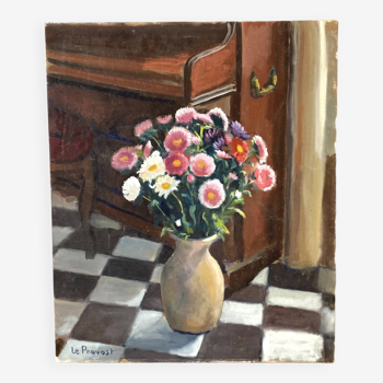Nature morte à l'huile sur toile années 50, peinture de bouquet de fleurs vintage