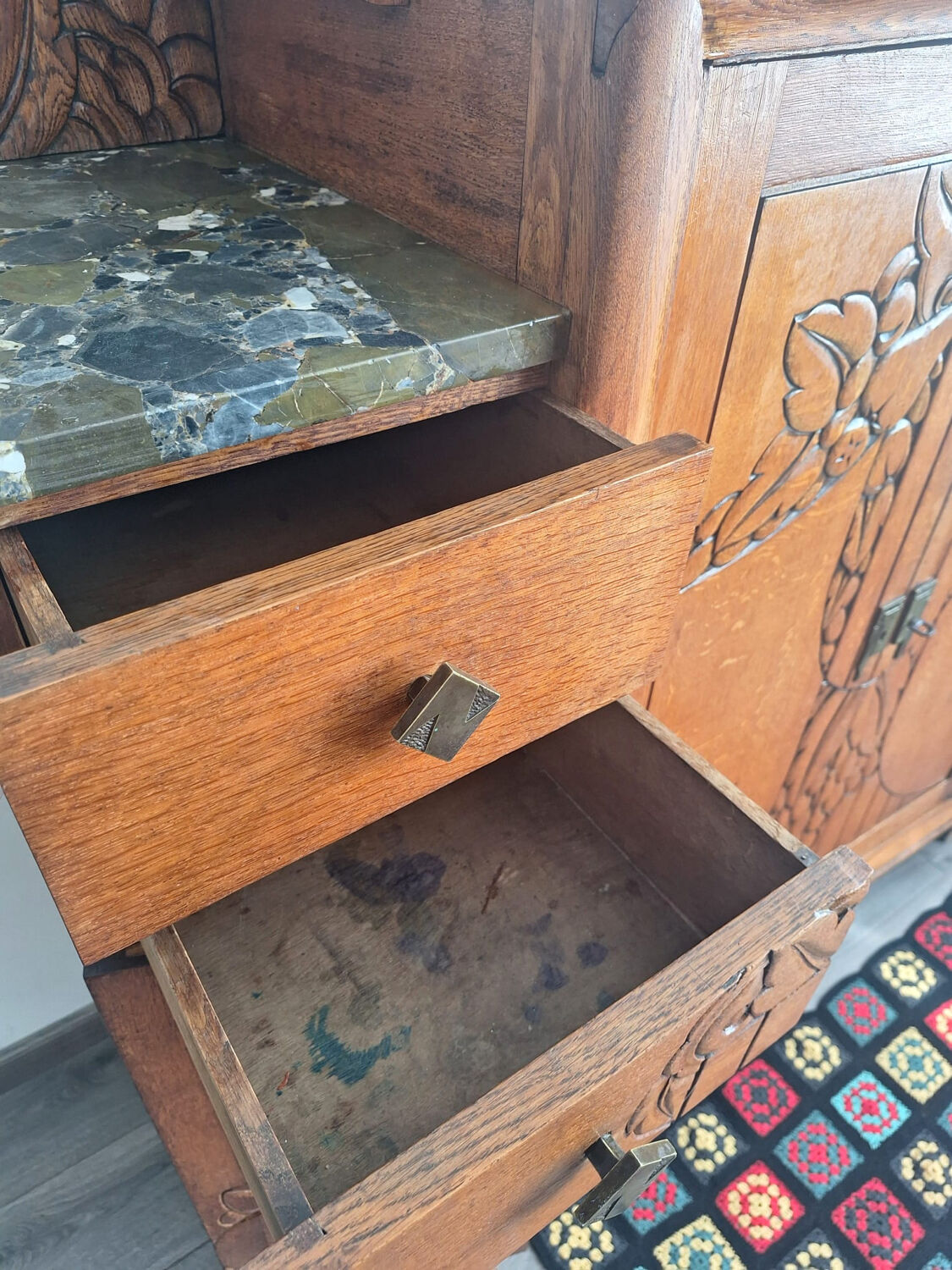 Art Deco buffet, marble trays, antique sideboard, display cabinet.