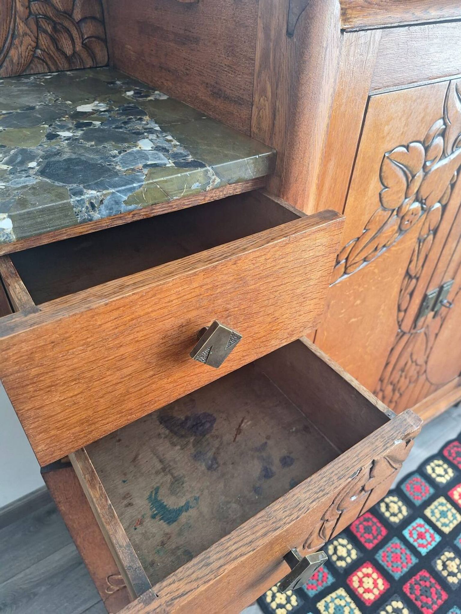 Buffet art déco plateaux marbre, meuble vaisselier ancien, vitrine