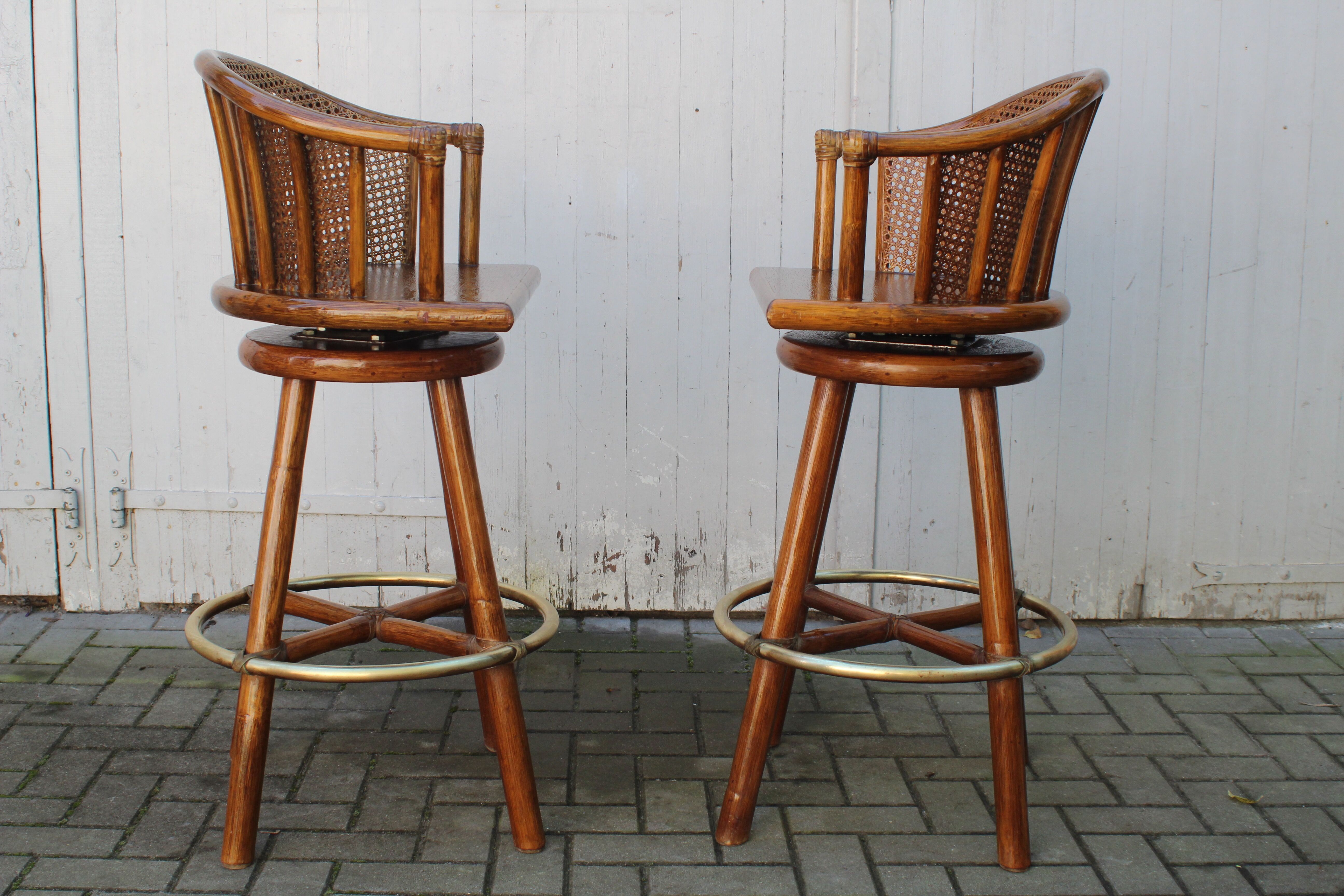 Pair of bamboo bar stools full canned colonial style 1960