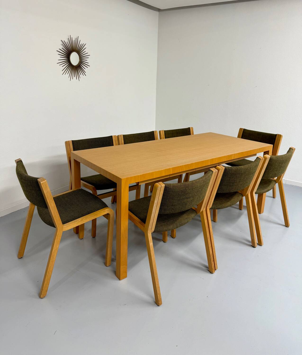 Post-modern striped wood table with drawers, design 80.