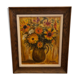 Oil on canvas still life with dahlias vase