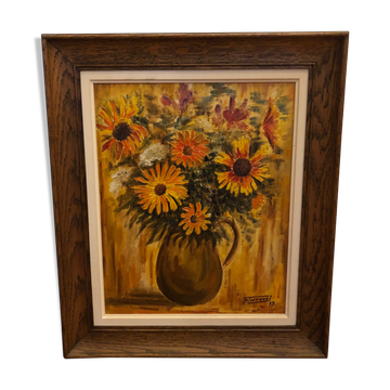 Oil on canvas still life with dahlias vase