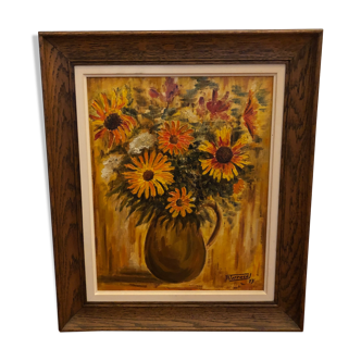 Tableau huile sur toile nature morte au vase de dahlias