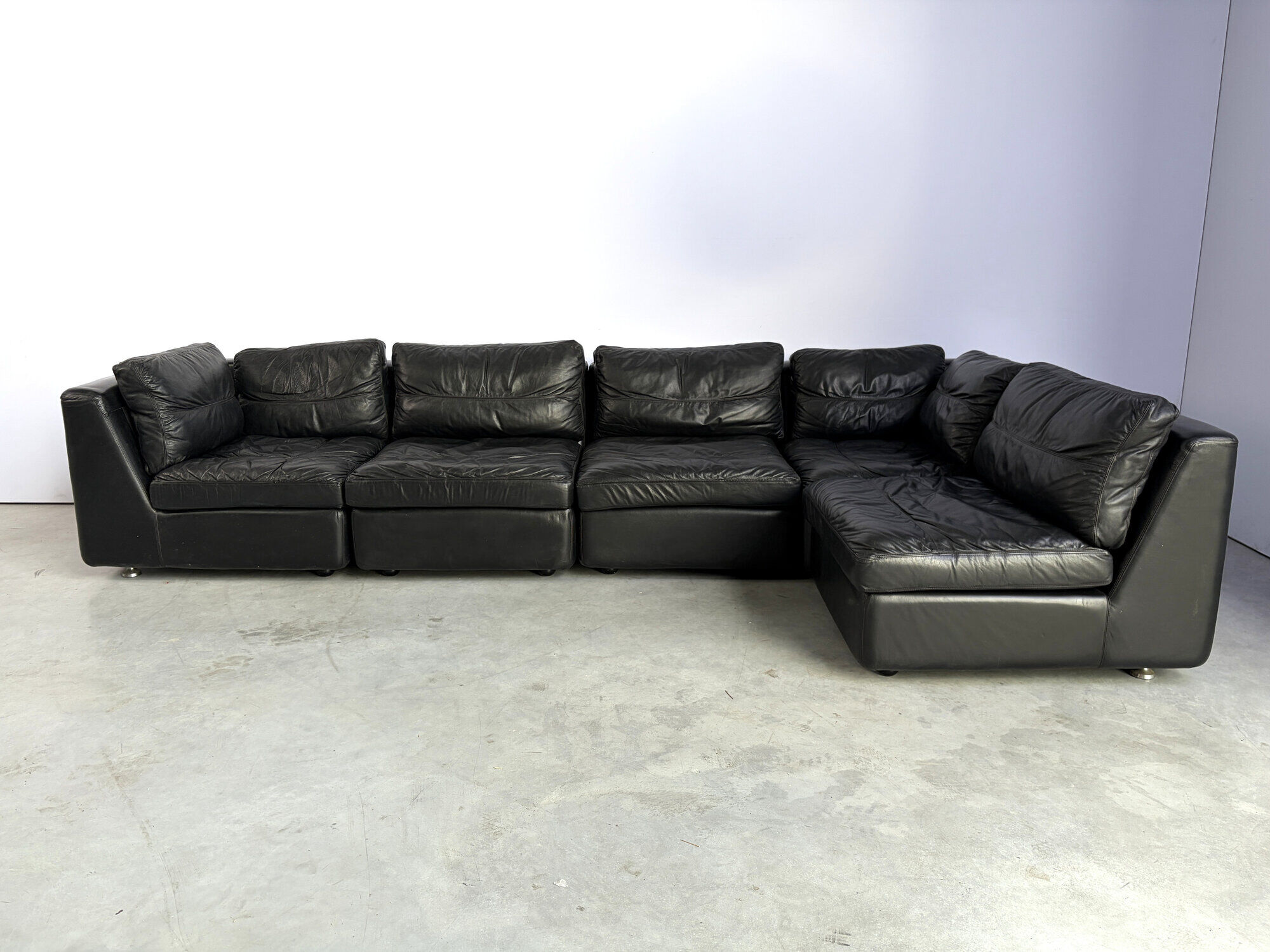 Vintage black leather modular sofa, 1970s
