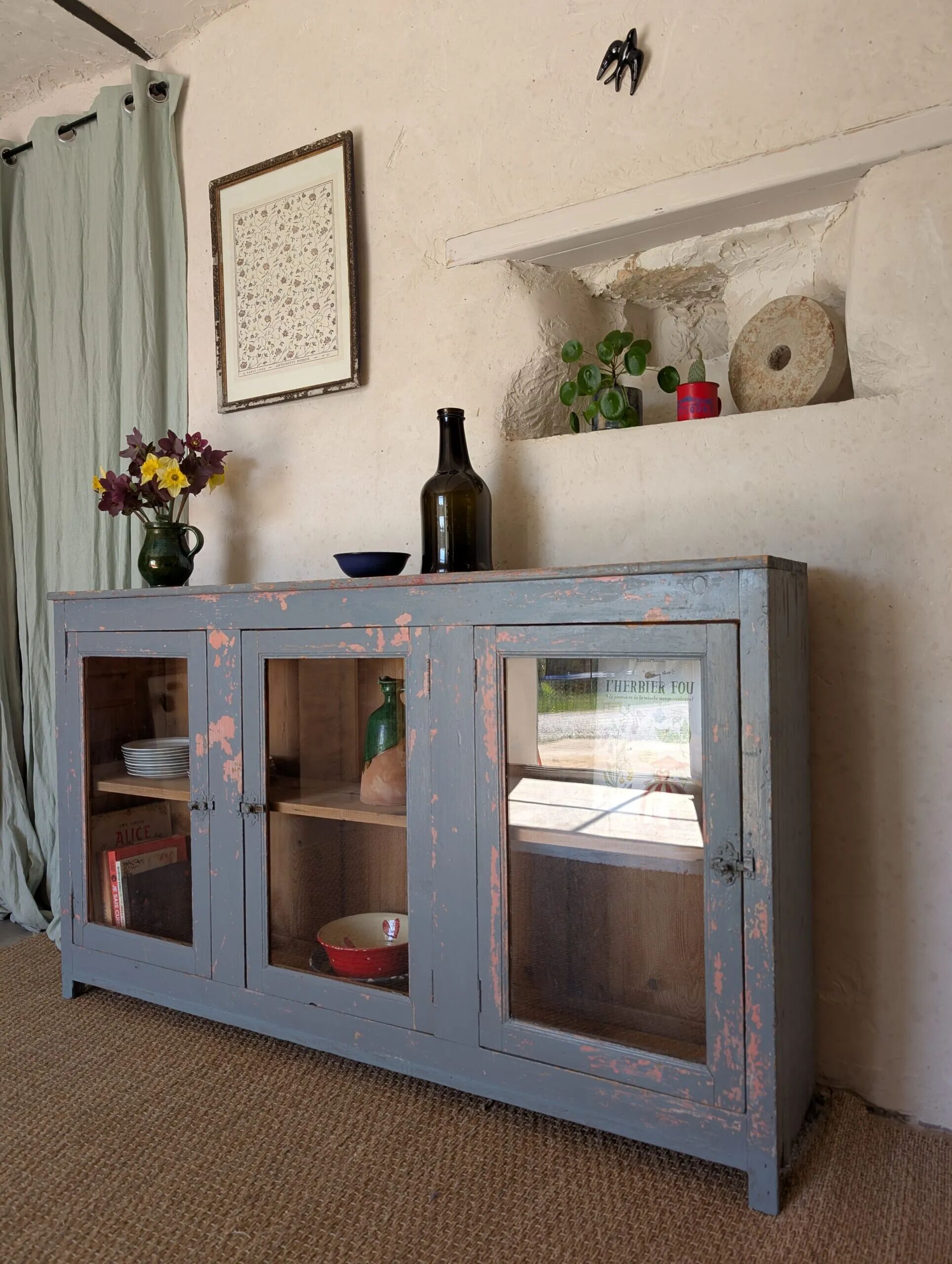 Glazed enfilade antique workbench – blue patina