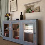 Glazed enfilade antique workbench – blue patina