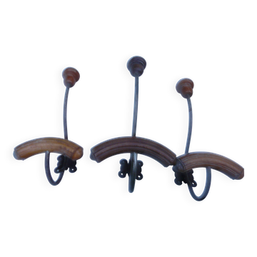 Set of 3 double bistro coat racks in wood and metal