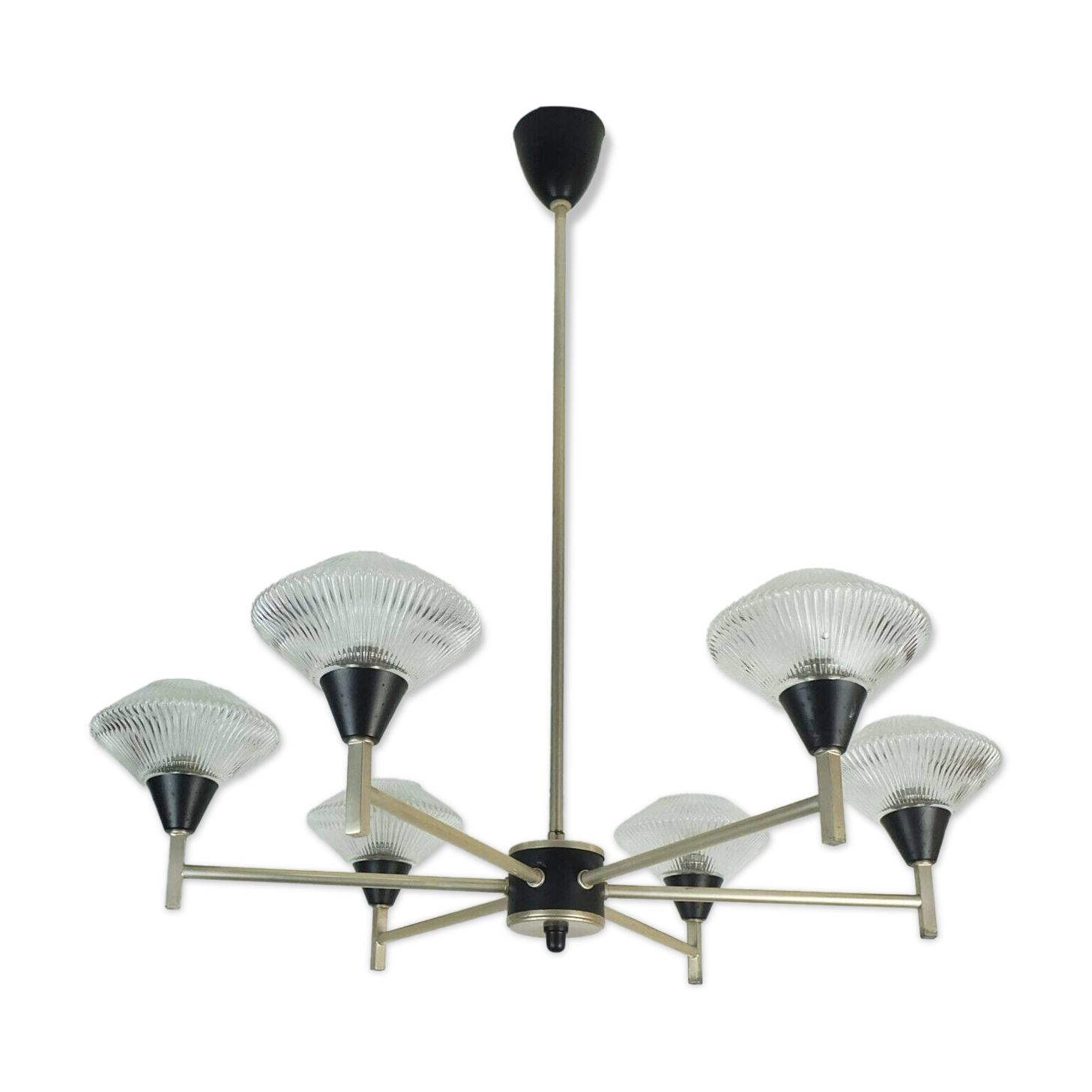 6-light mid century CHANDELIER pendant light glass aluminum and metal earyl 1960s