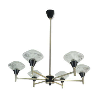 Lustre à 6 lumières de style mid-century, lampe suspendue en verre, aluminium et métal, début des années 1960.