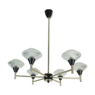 6-light mid century CHANDELIER pendant light glass aluminum and metal earyl 1960s