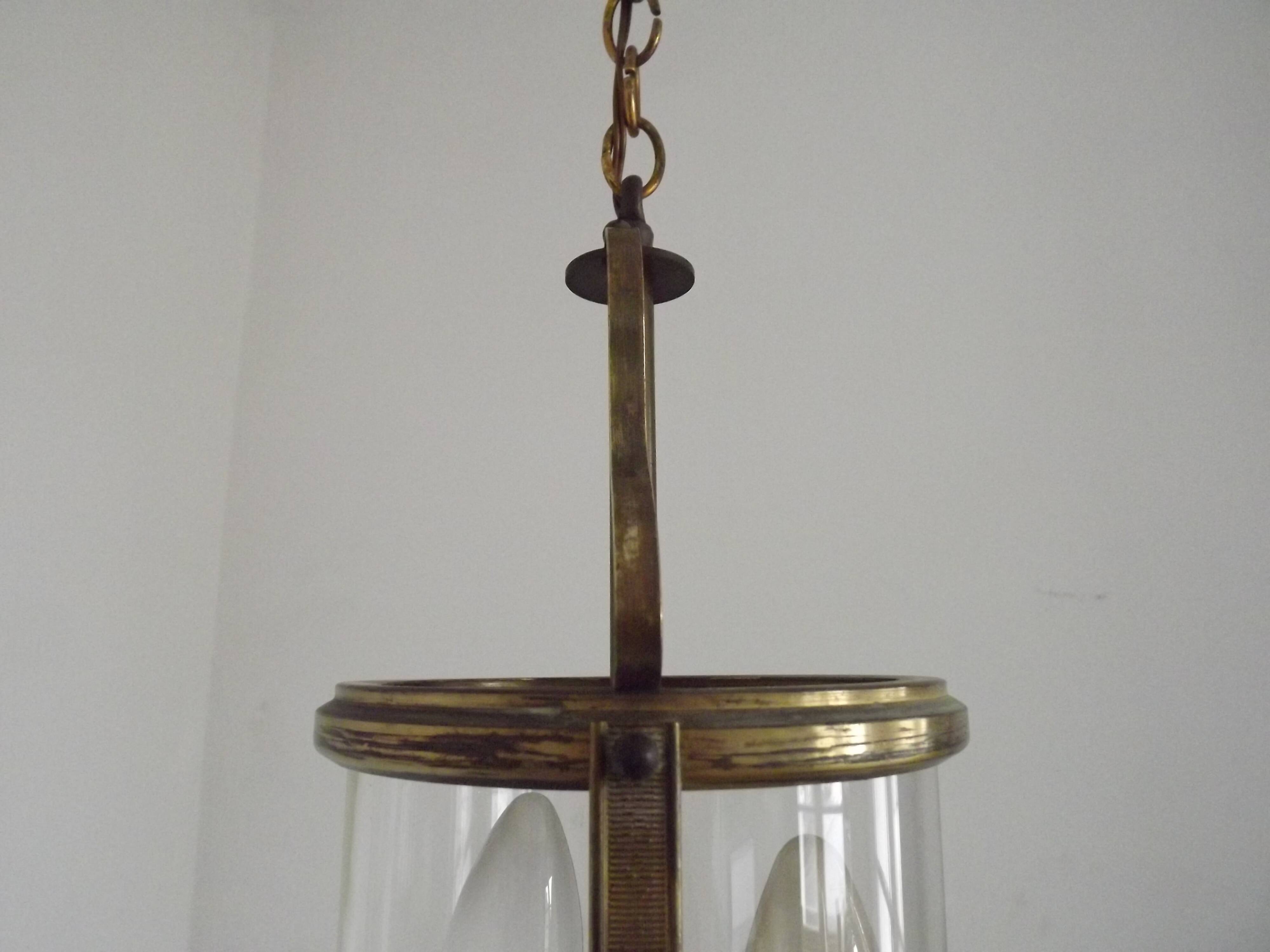 French Vintage Brass 2 Light Hanging Lantern With Cylindrical Glass Shade 4948