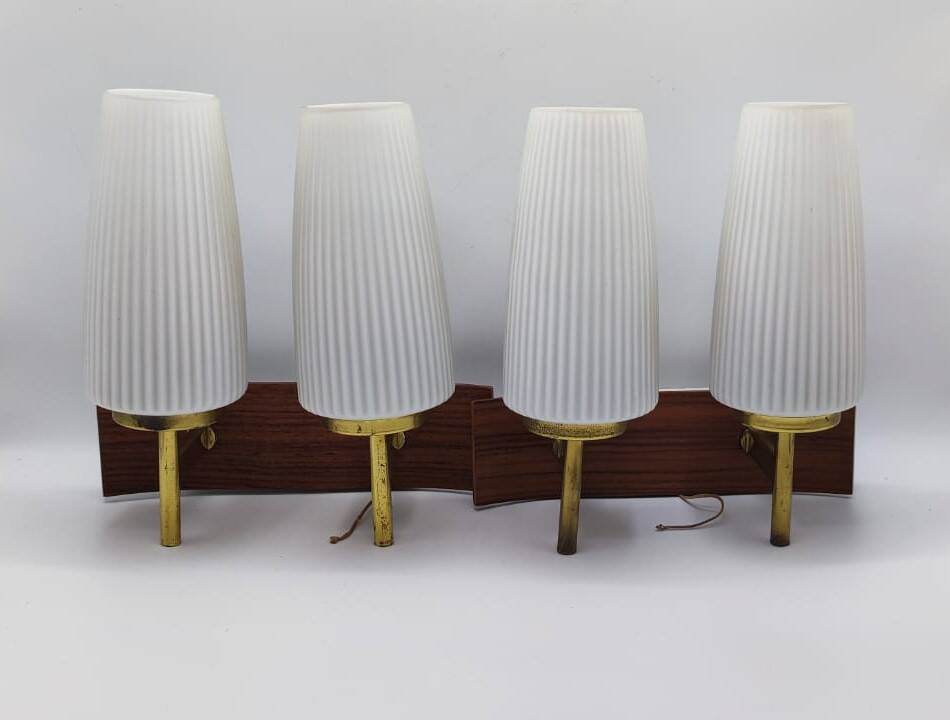 Duo of vintage wooden wall lights with white opaque glass lampshade.