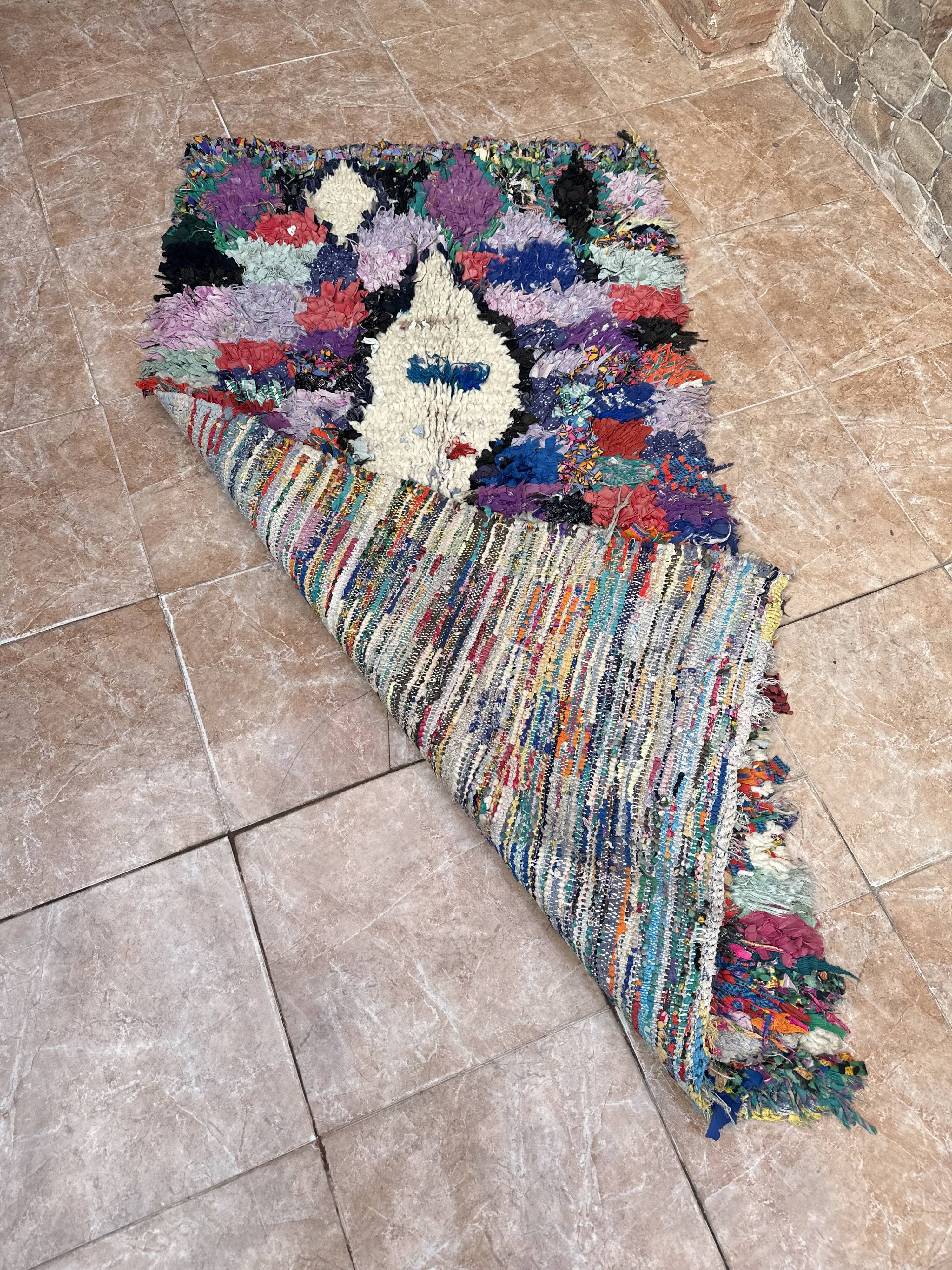 Vintage Moroccan Boucherouite rug: small abstract rug