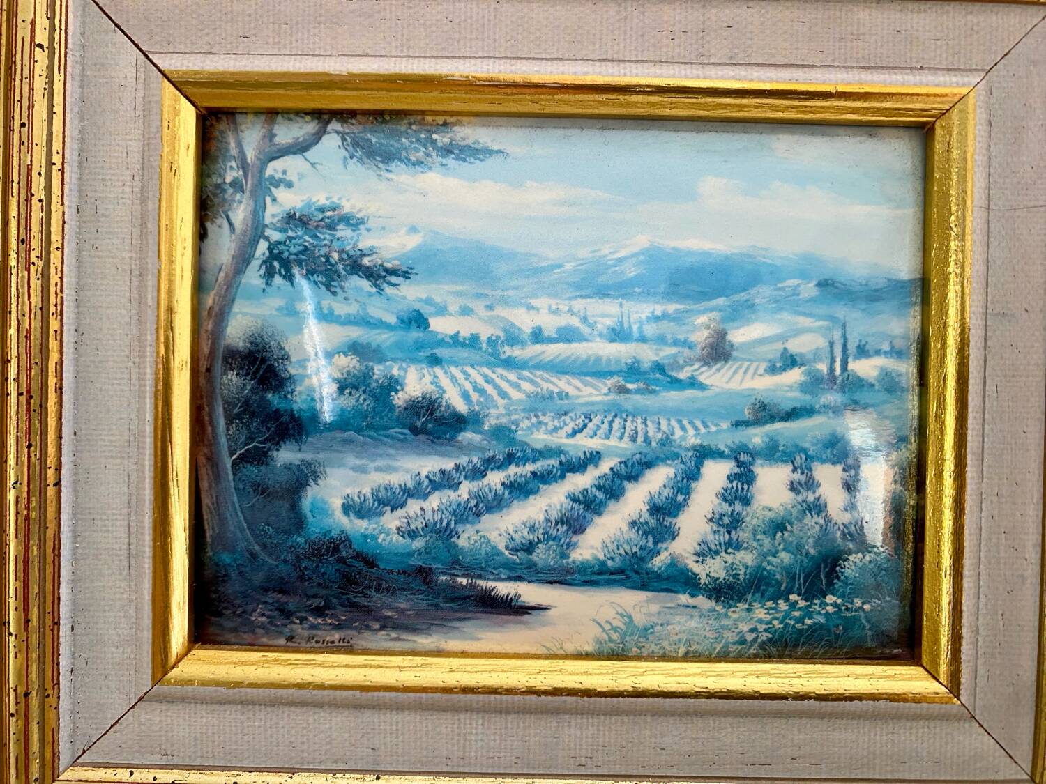 Old Glass Fixed - Provençal Landscape - Signed R. Rossetti - Vintage