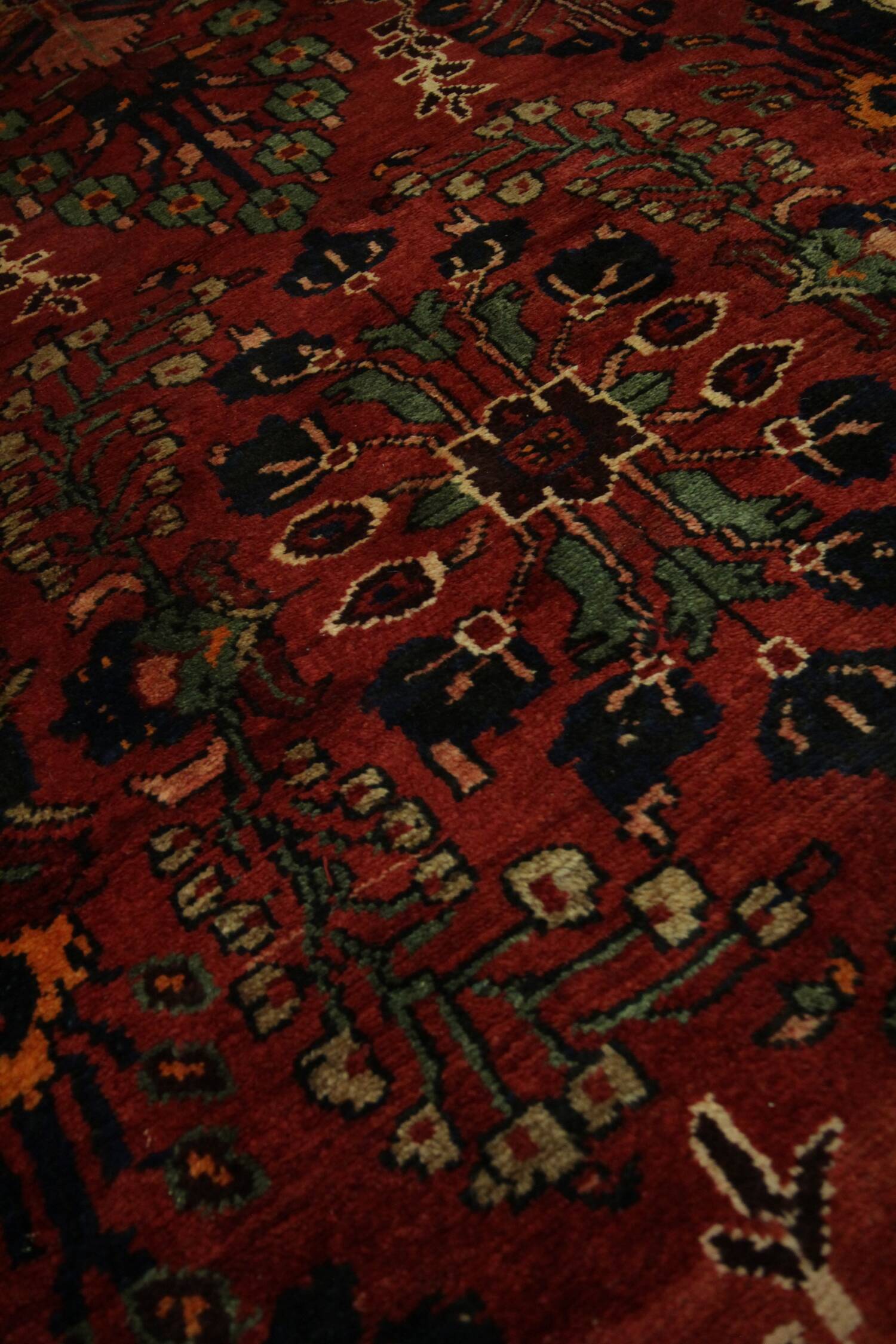 Tapis de couloir vintage en laine à motif floral rouge bordeaux, tapis oriental des années 1950, 110 x 350 cm