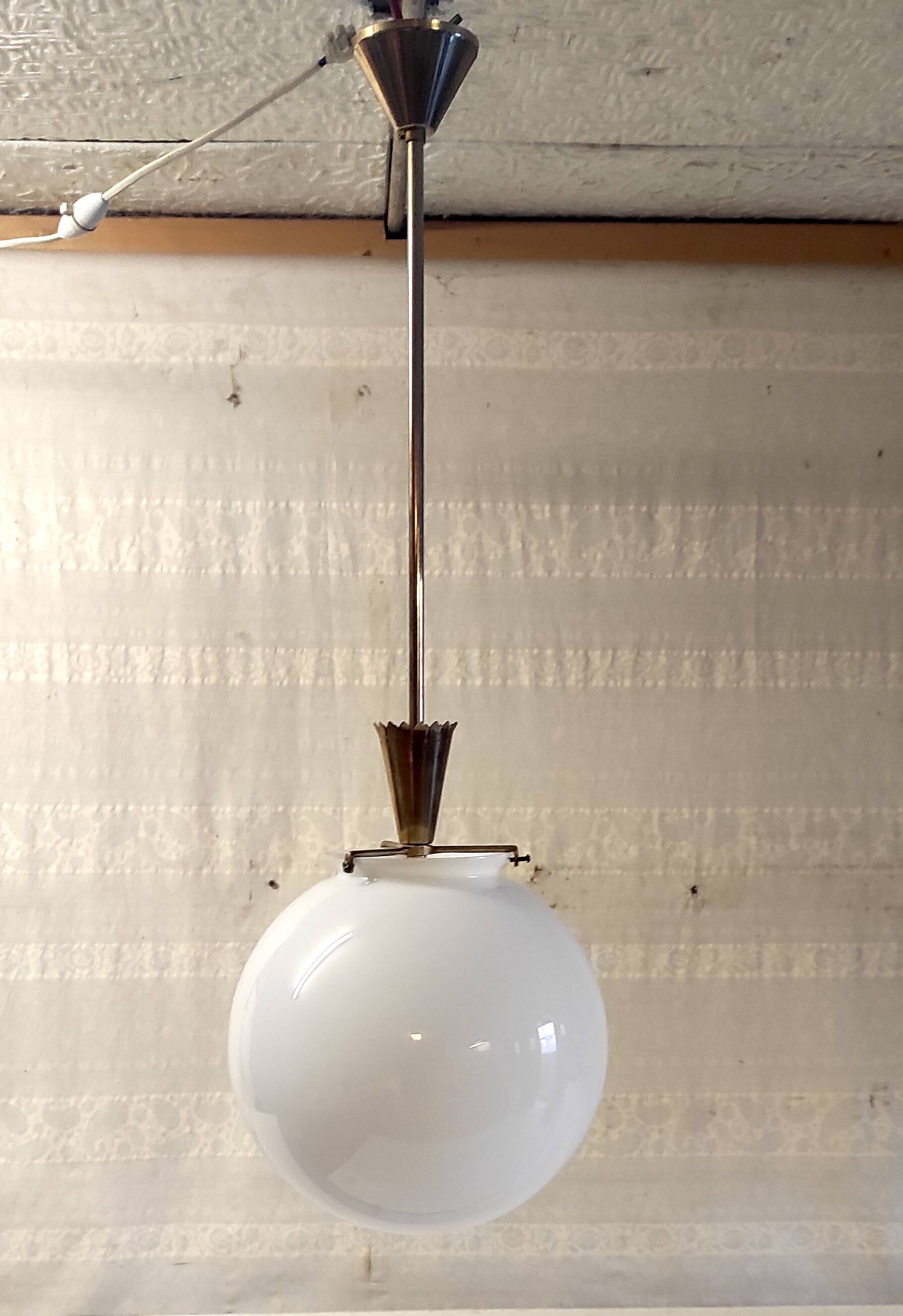 25 cm opaline globe and brass pendant light - 1940s/1950s