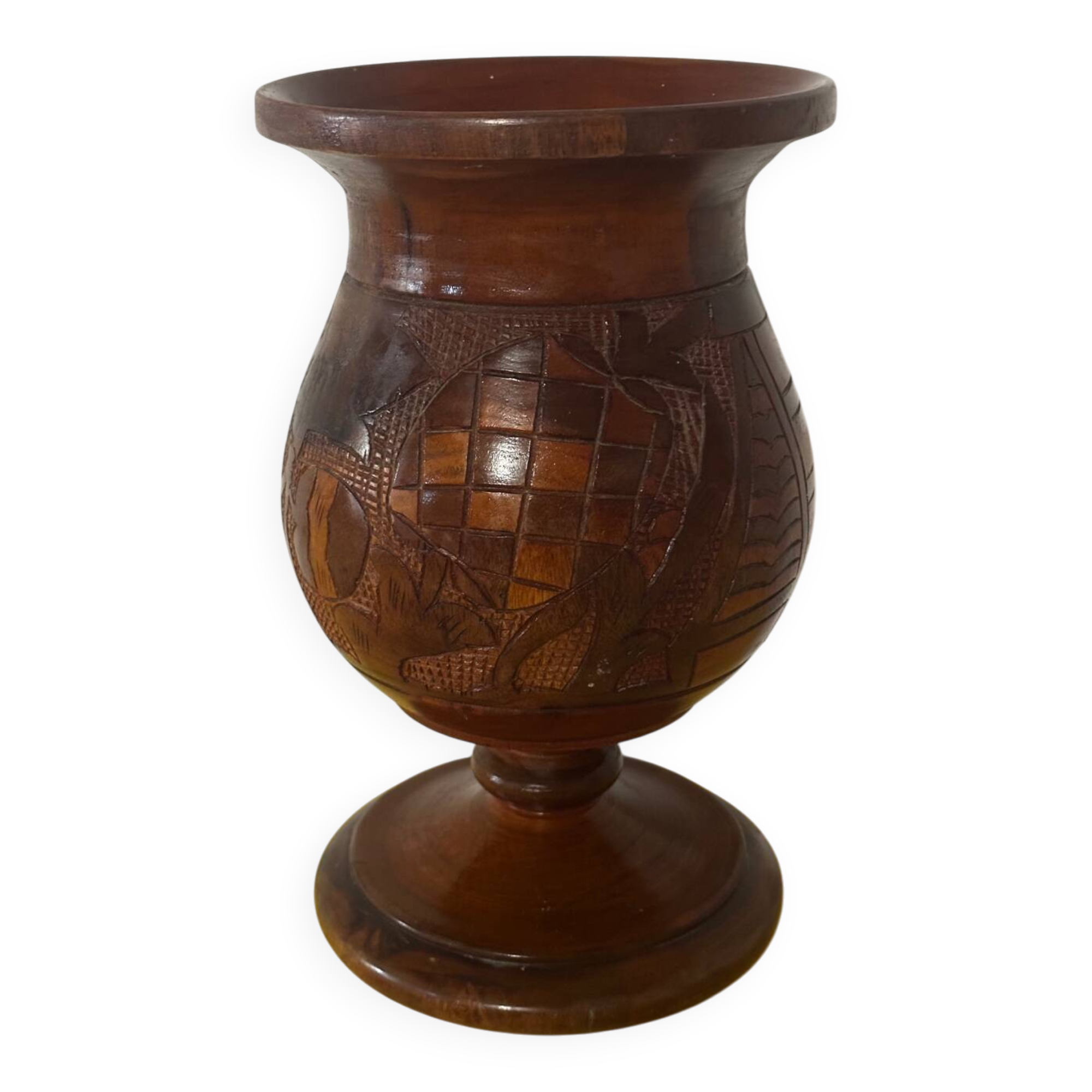 Vase en Bois Tourné et Sculpté Vintage - Décor Vigne H 28 cm