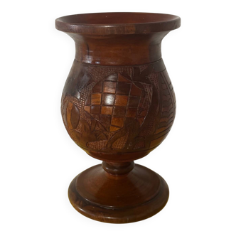 Vintage Turned and Carved Wooden Vase - Vine Decor H 28 cm