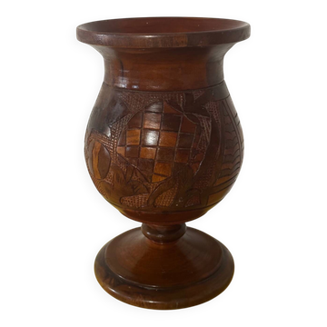 Vase en Bois Tourné et Sculpté Vintage - Décor Vigne H 28 cm