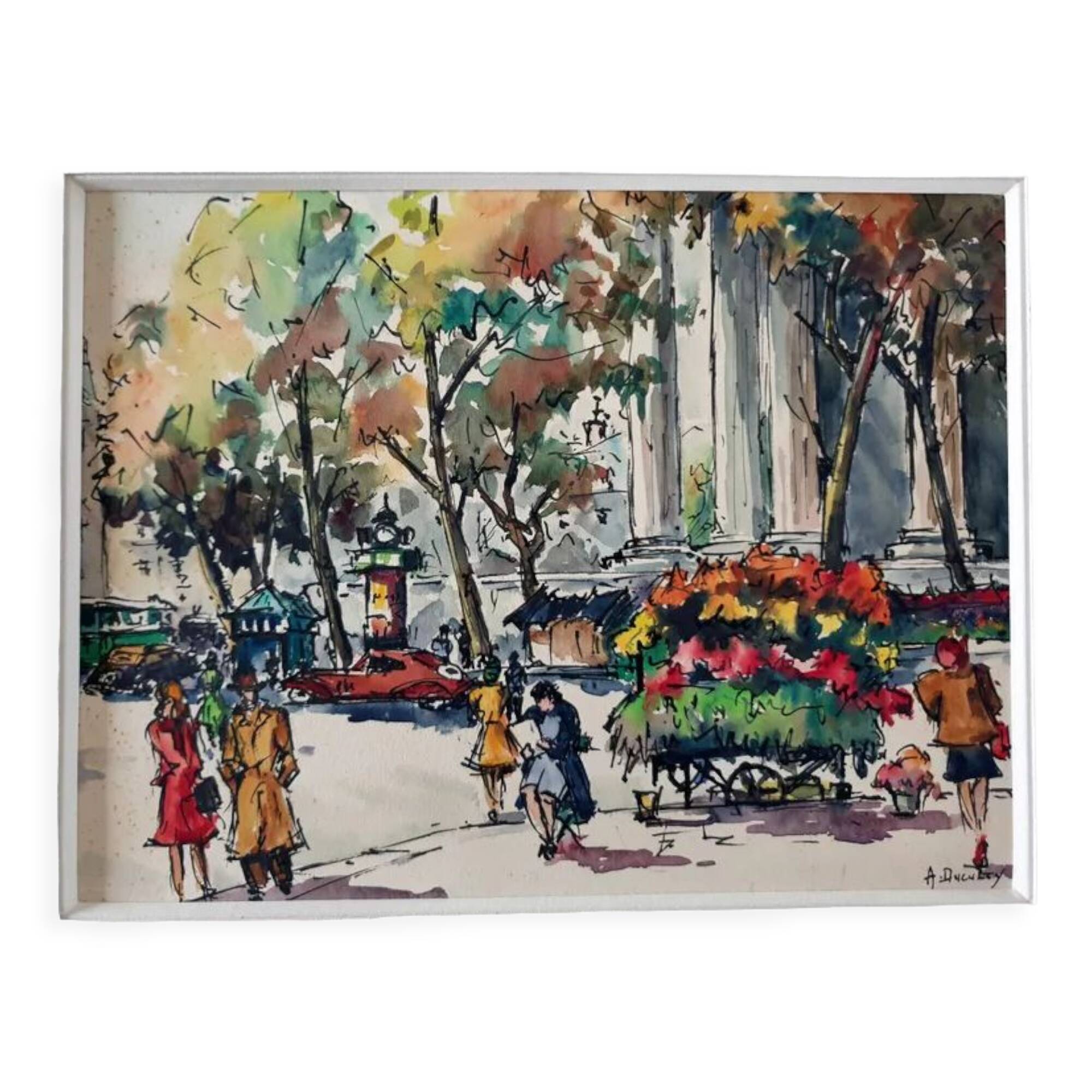 André Duculty (1912-1990) Watercolor on paper "The flower market of the Madeleine in Paris" Signed