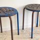 Tabouret industriel acier patine bleue & chocolat vintage