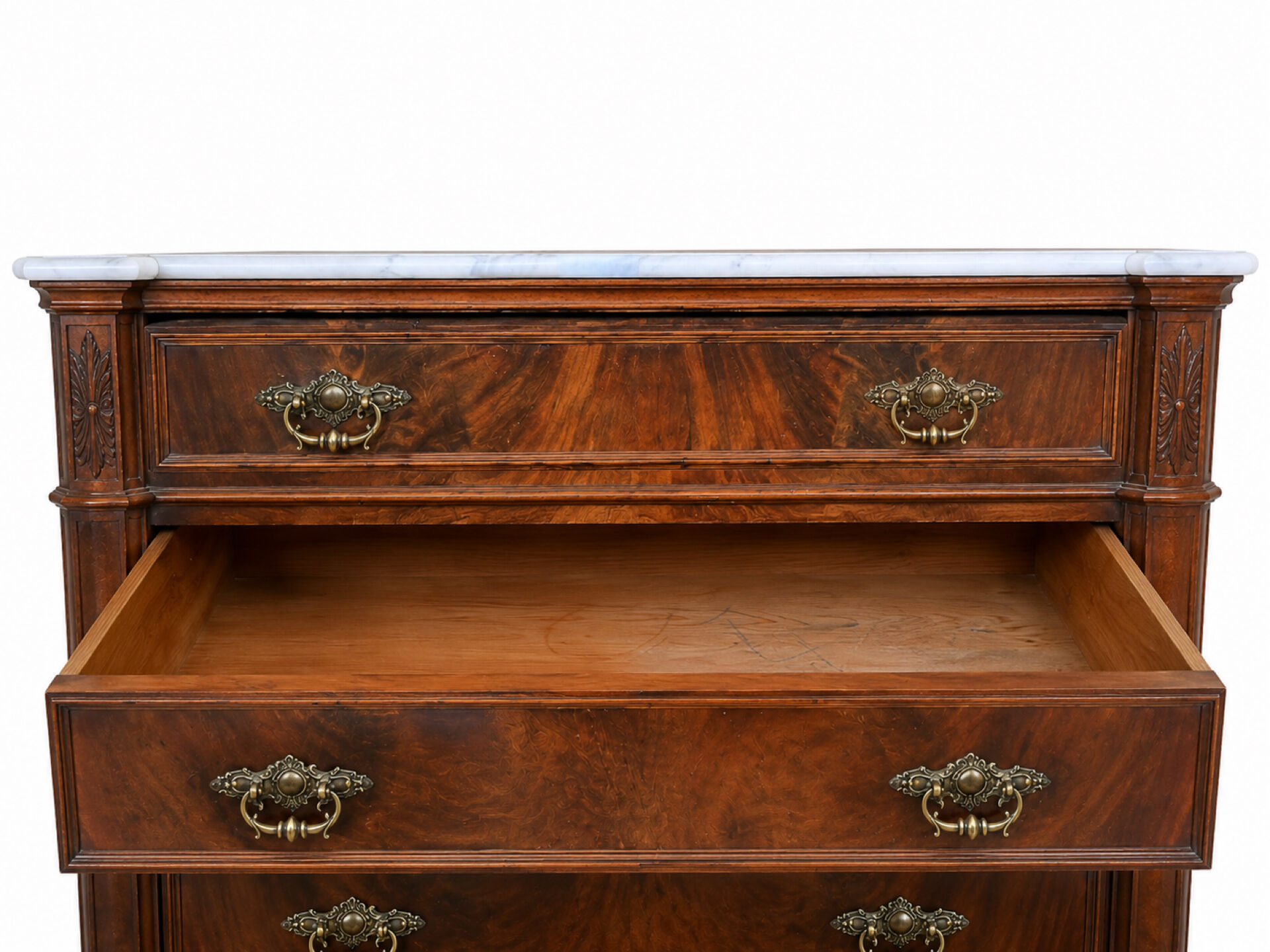 Antique Napoleon III commode in flame mahogany, with a white marble top.