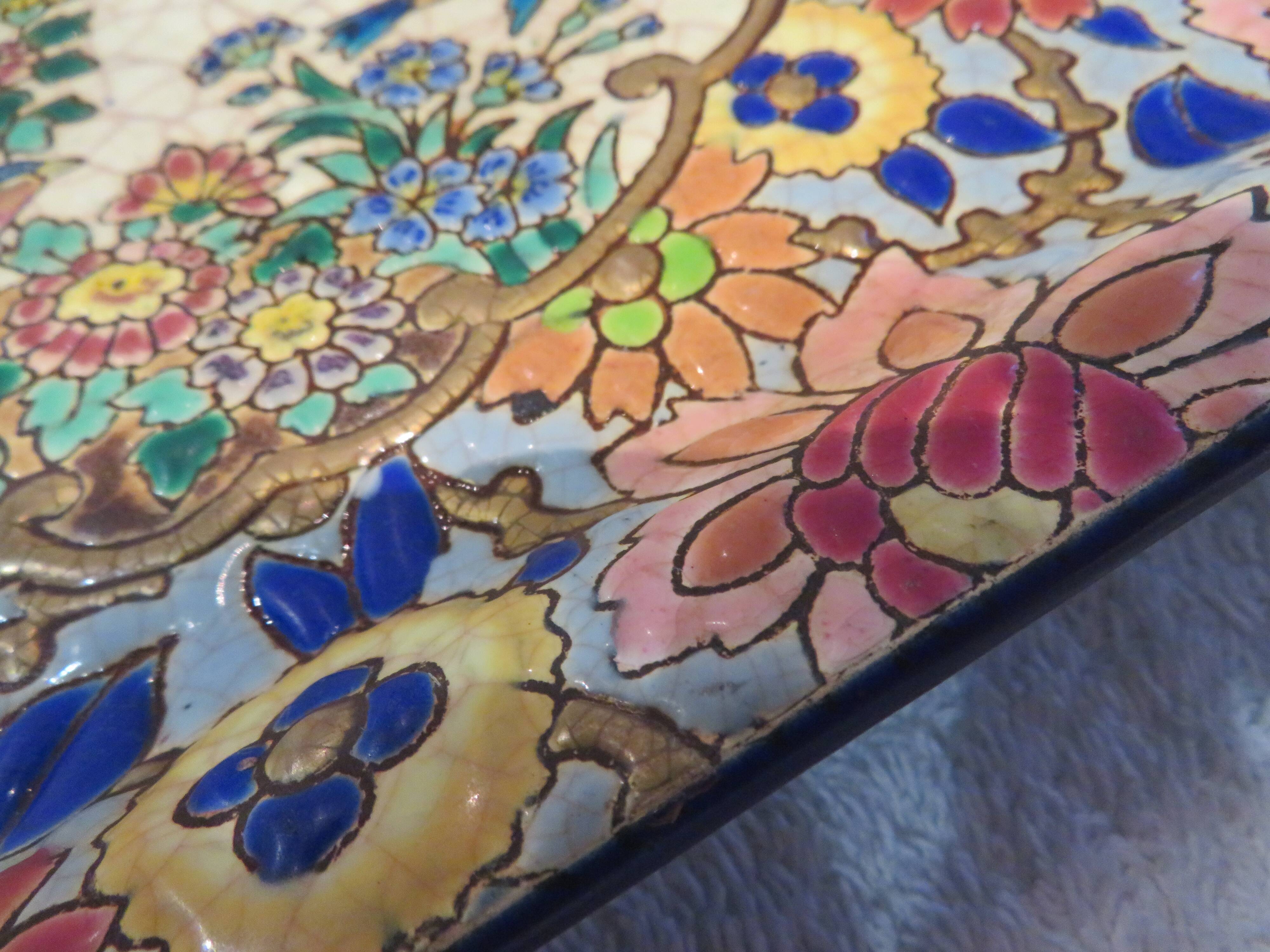 Plat à cake émaux de longwy style art deco décor oiseaux fond bleu clair