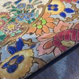 Plat à cake émaux de longwy style art deco décor oiseaux fond bleu clair