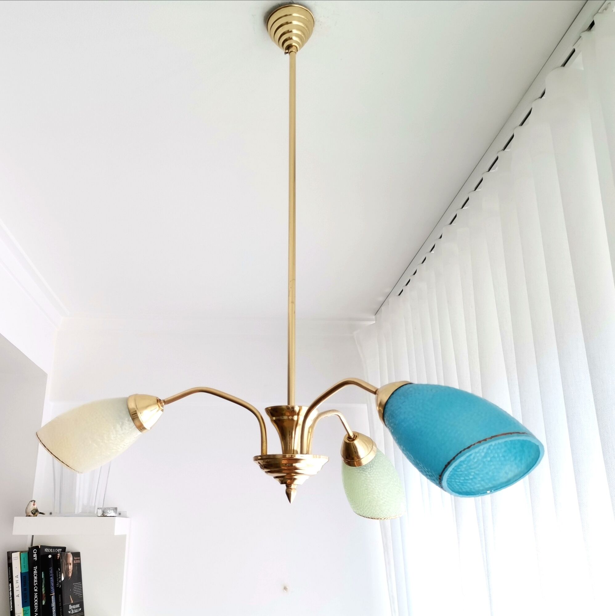 Vintage 1940s gold metal and glass 3 arm Sputnik chandelier