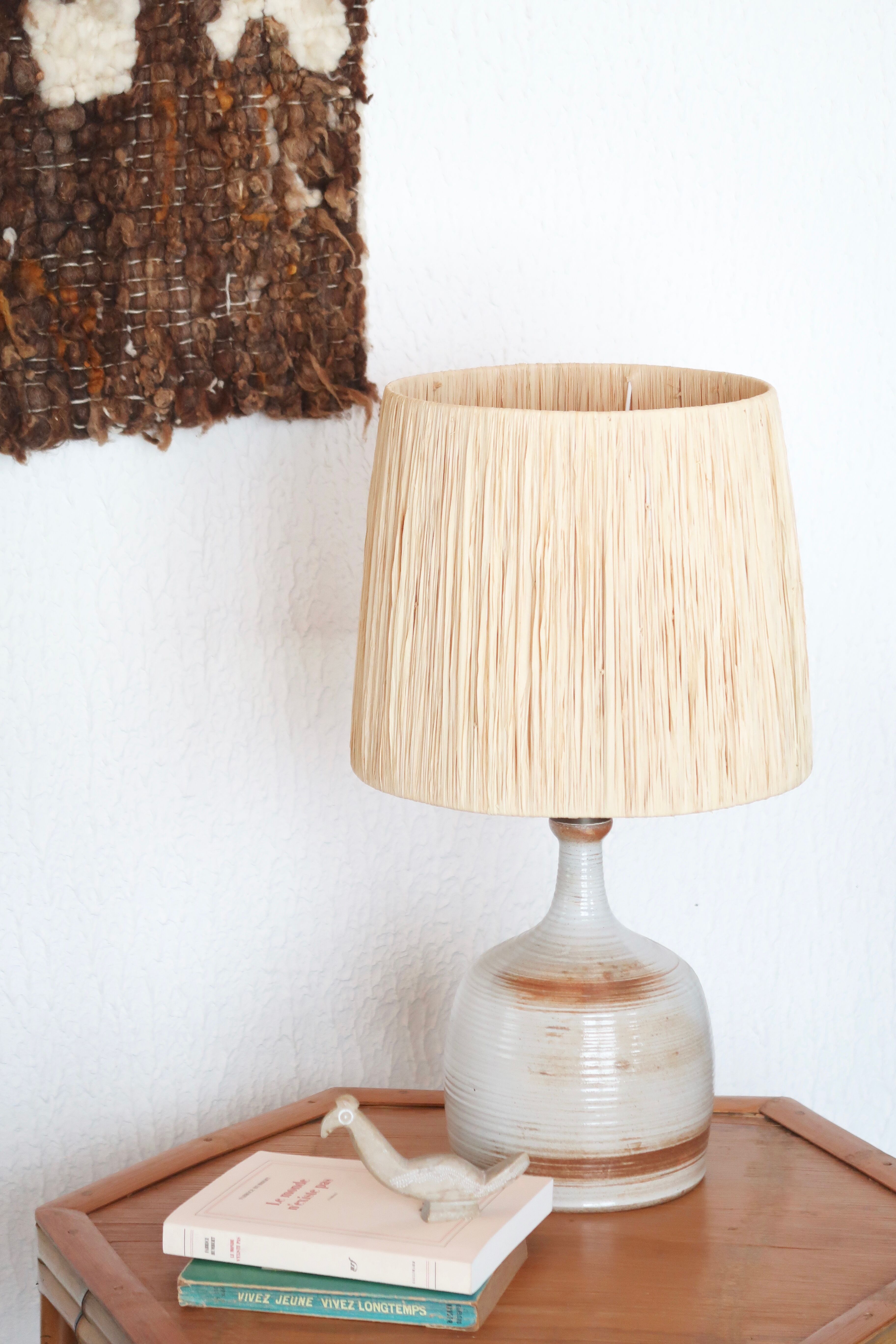 Lampe Grès du Marais, raffia lampshade, 60s