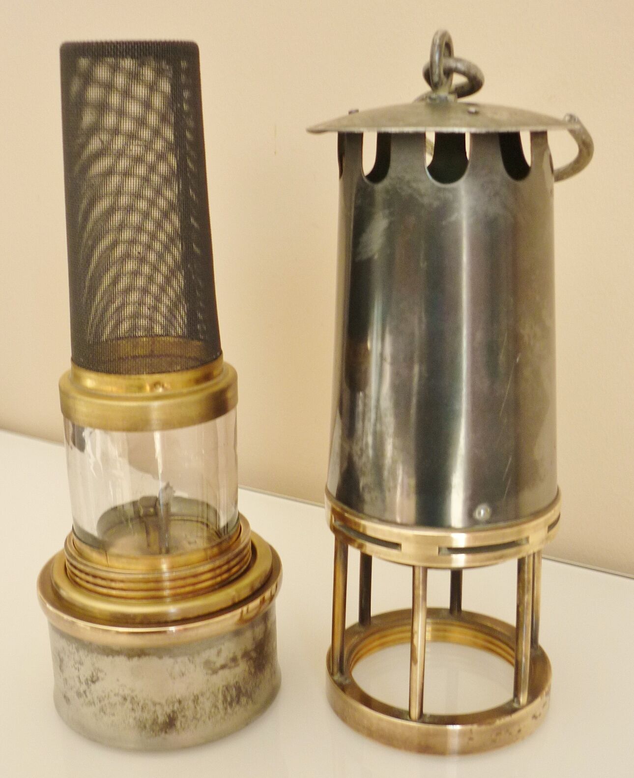 Old miner's lamp, thick glass, brass, metal