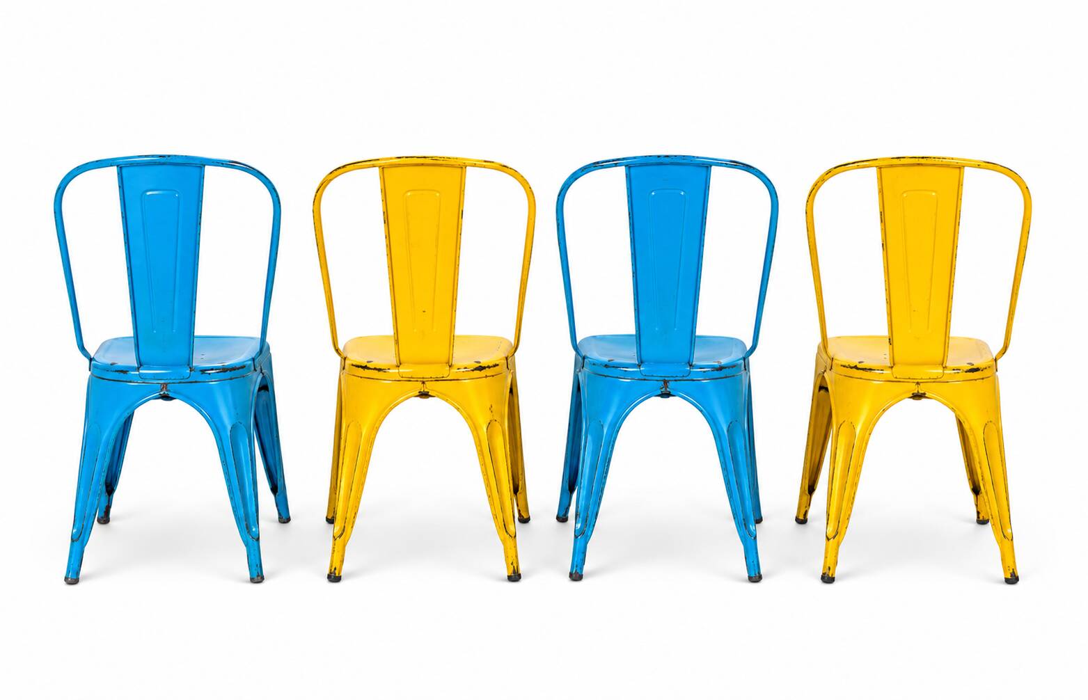 Set of 4 Tolix chairs, 2 yellow, 2 blue. 1960s edition.