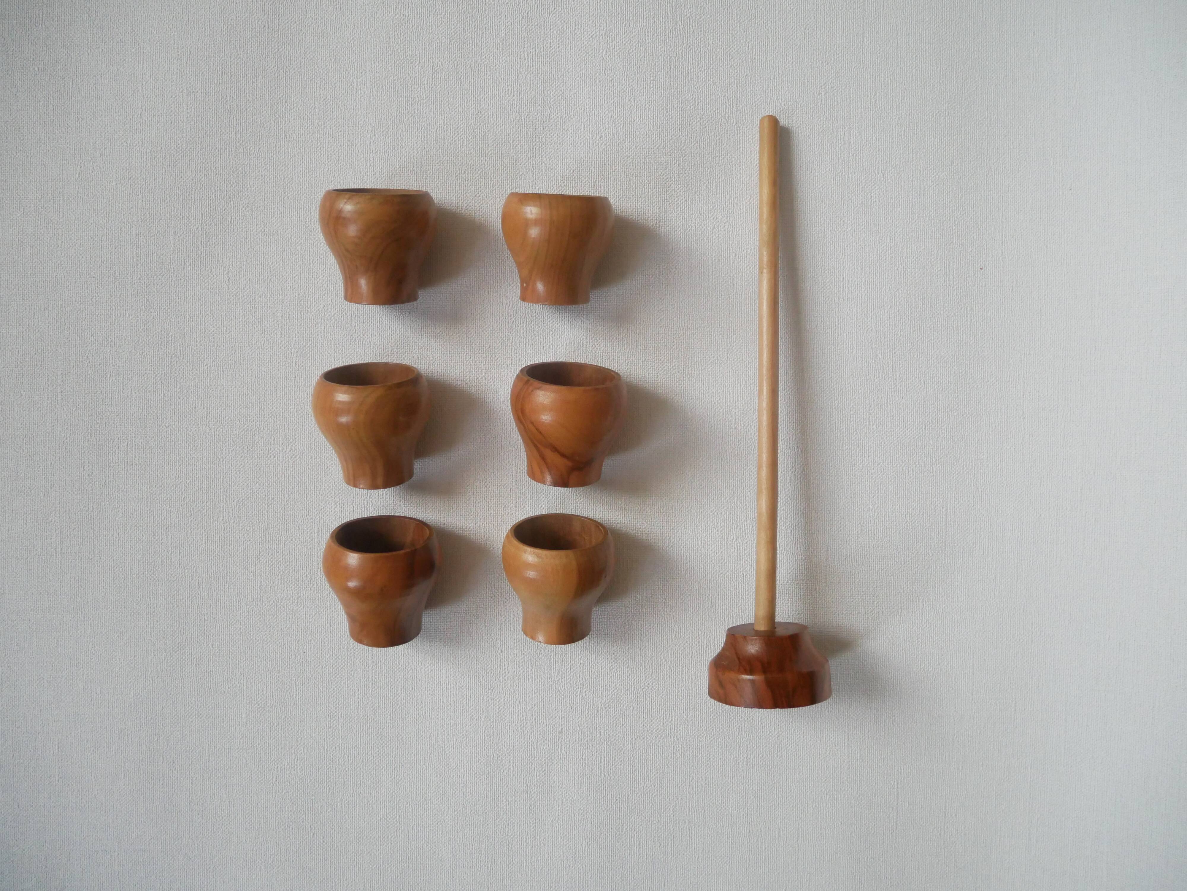 Set of six handmade olive wood egg cups