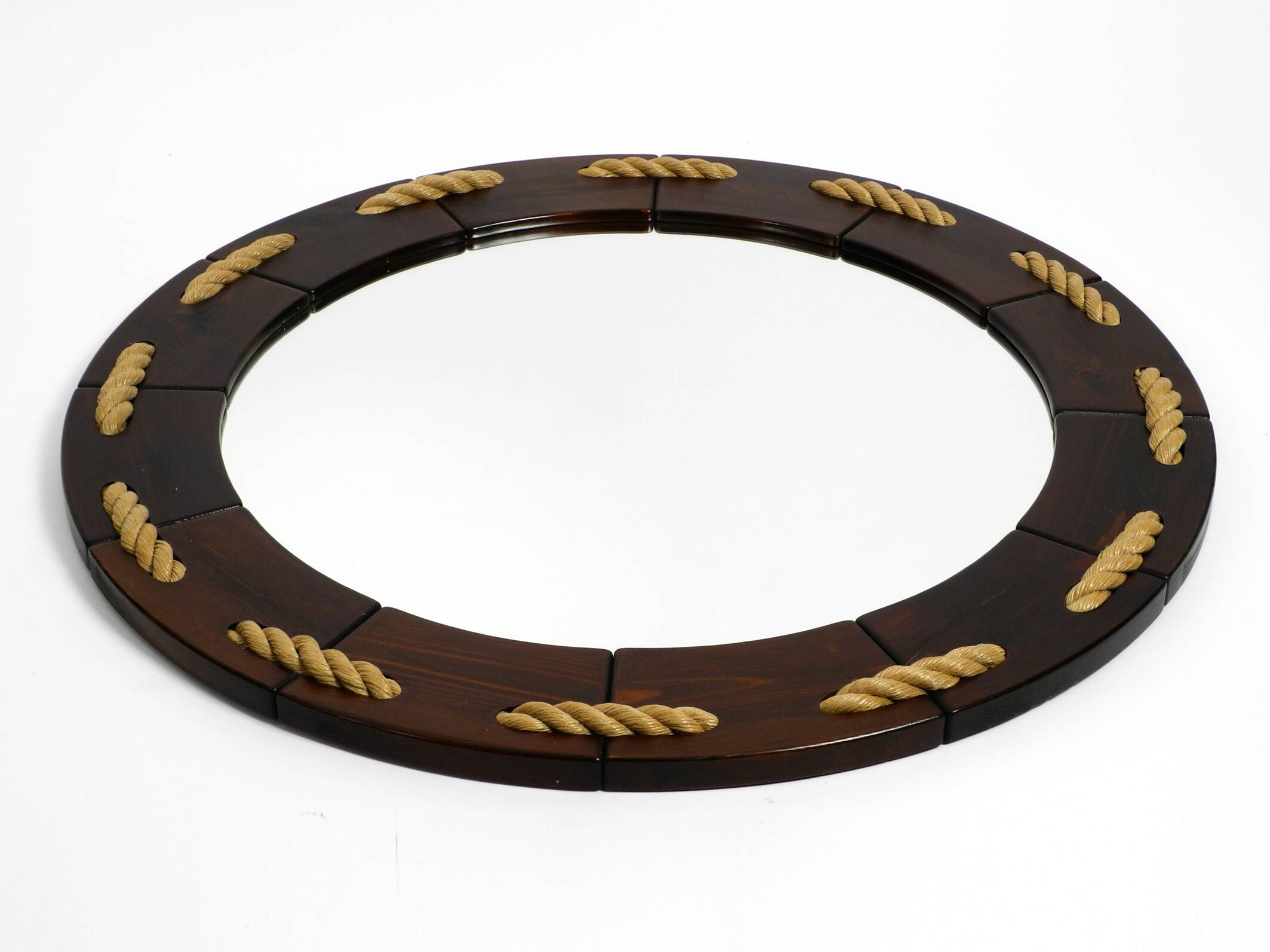 Huge 1970s maritime round pine wood wall mirror from Denmark | ∅ 89cm