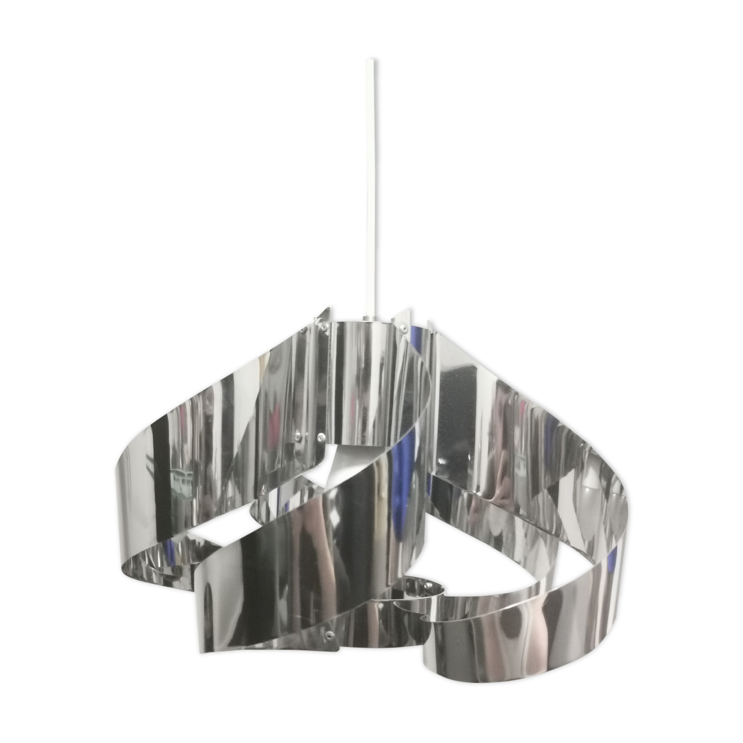 Curved stainless steel hanging lamp, Space Age, 1970