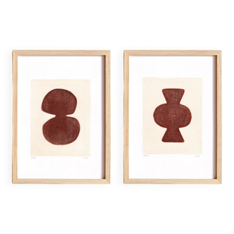 Duo of abstract paintings - dark terracotta - signed Eawy