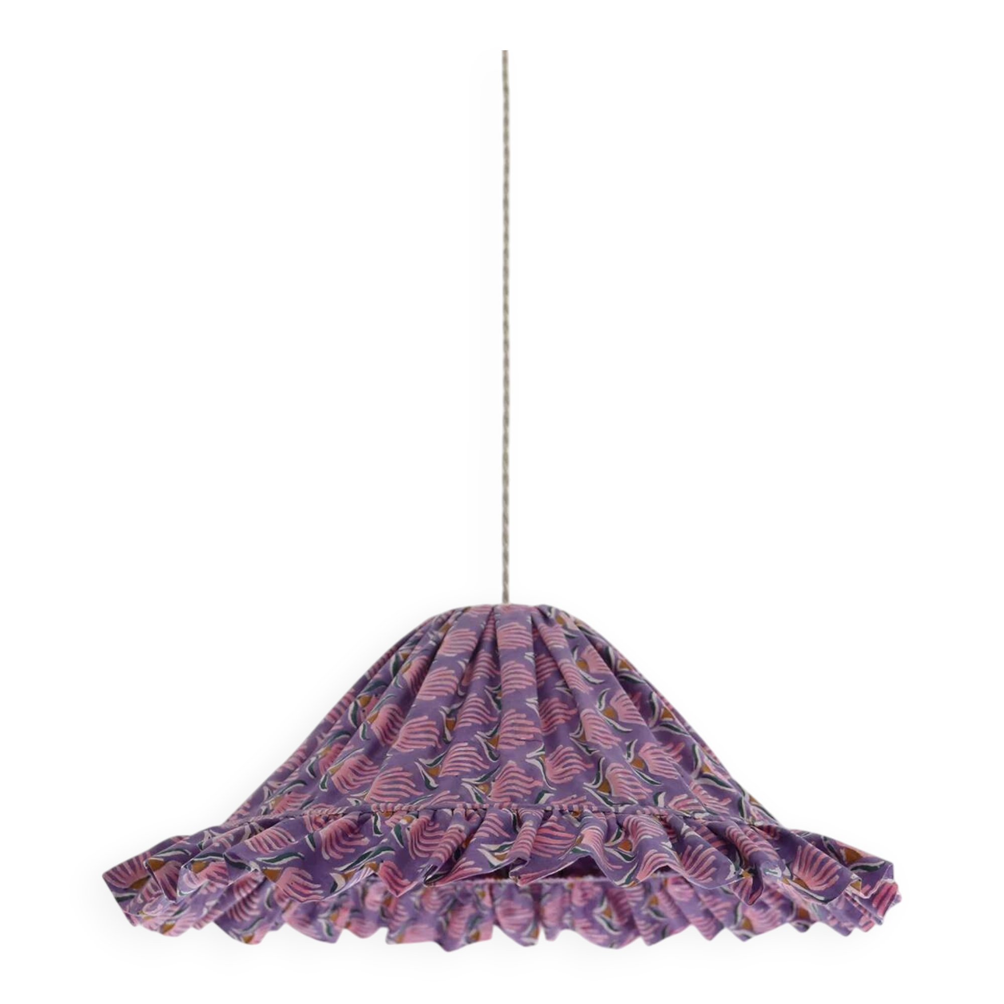 Emilia "purple shell flowers" conical textile suspension with flounce