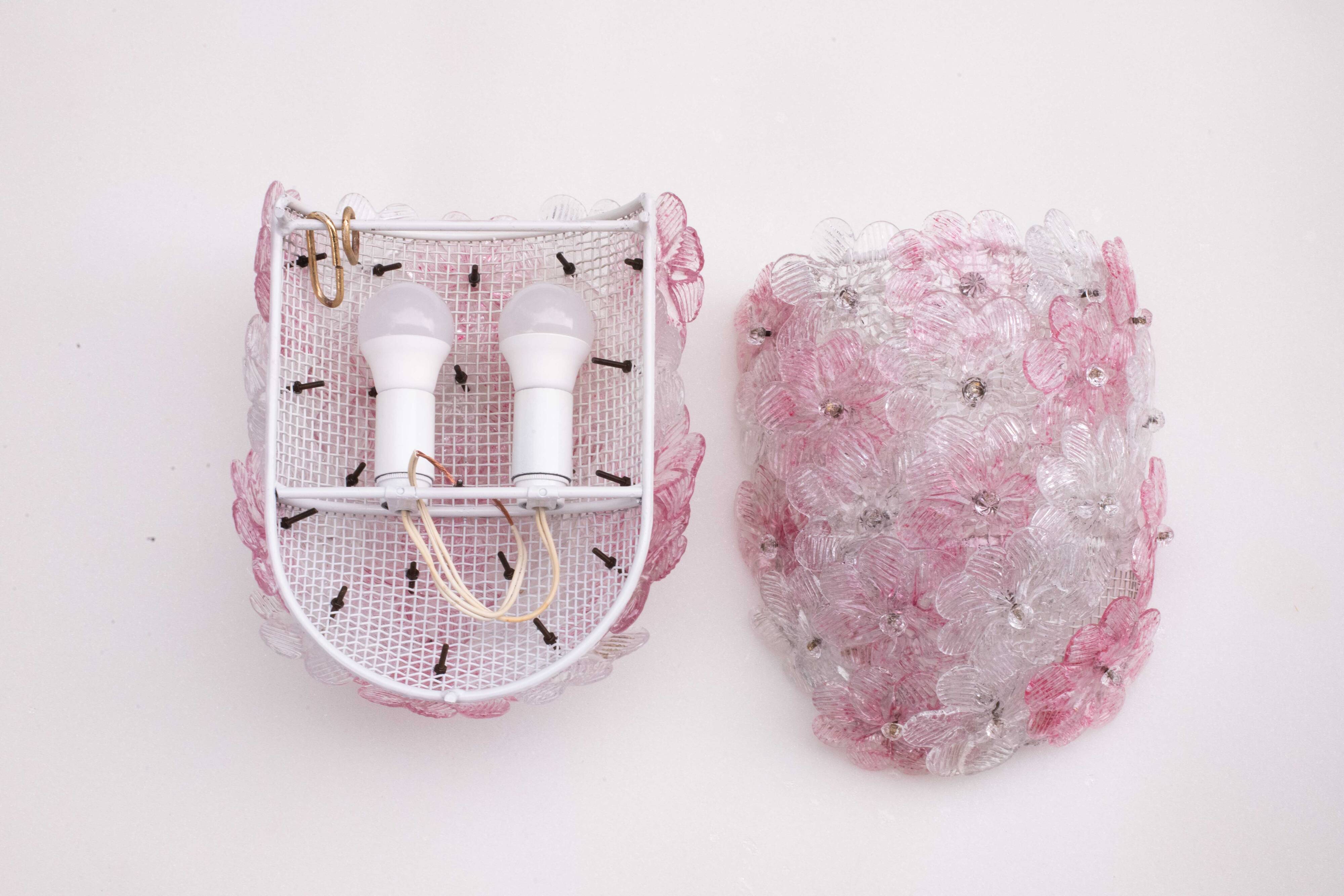 Set of 2 Murano Wall Light Pink Flower by Seguso, 1970