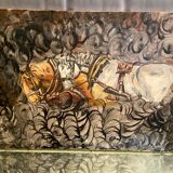 Oil painting on canvas with draft horses signed Ortega 86